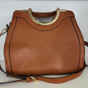 Cognac Brown Satchel Bag w/ Gold Top Handle | Crossbody Strap
